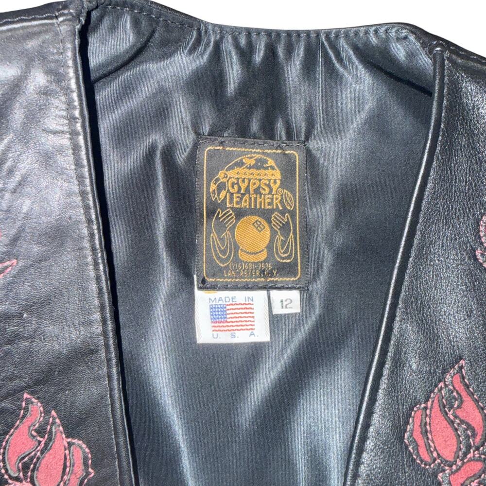 Vintage Gypsy Leathers Fringe Biker Vest, Red Rose Embroidery - Made in USA - Picture 4 of 4